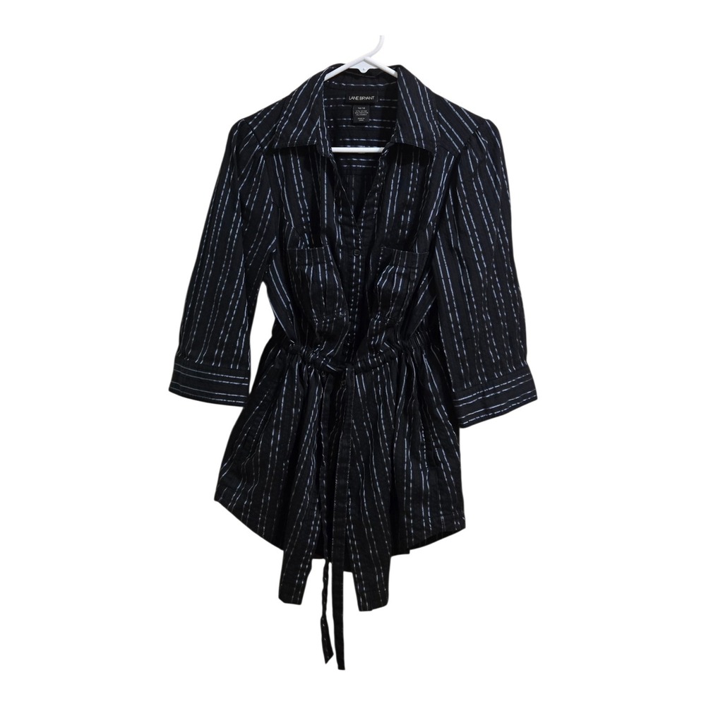 Lane Bryant Black Pinstripe Belted Tunic Top 3/4 Sleeve Button Up 14/16